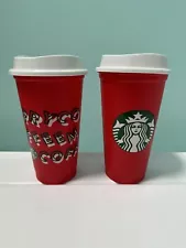 2 Starbucks 2013 Holiday Reusable Hot Cup Grande 16oz Red Plastic Coffee