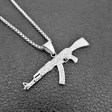 3Ct Round Moissanite Custom Gun Pendant Necklace 14K White Gold Plated