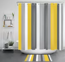 Farmhouse Yellow and Grey Abstract Striped Shower Curtain Set for Bathroom Decor