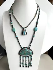 Vintage Turquoise Nugget pendant and Shell Tribal 2 Necklace handmade for sale