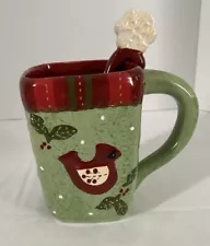 Cracker Barrel 12 Oz Christmas Quilt Cardinal Bird Ceramic Mug With Spoon