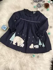 SALE: Baby Girls Pique Navy Blue Polar Bear Dress All Seasons Age 12 - 24m