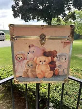 Vintage Wooden Toy Box Storage Trunk Chest Cube 16” Decorated With Teddy Bears