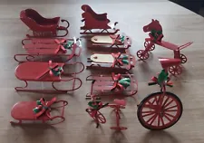 VINTAGE 11 PIECE METAL HOLIDAY SLEIGH SLED TRICYCLE UNICYCLE SET