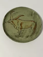 Vtg Hand Painted Red Clay Pottery Plate African Watusi Bull Artist K. Overesch