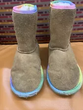 Ugg Kids Rainbow Trim Shearling Lined Boots Brown Suede Girls 1 -See Description