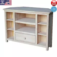 Unfinished Hardwood Corner Entertainment TV Stand W/ Drawer & Center Shelf New