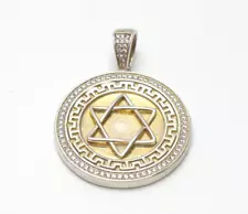 925 Sterling Silver CZ Star of David with Greek Key Border Pendant