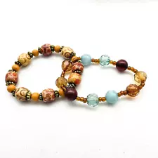 Brown Beaded Stretch Bracelets Lot of 2 Gold Tone Blue Orange Accents Boho Artsy