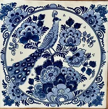 Vintage DELFT Blauw Ceramic Tile 6 x 6 Blue White HandPainted Flowers & Peacock