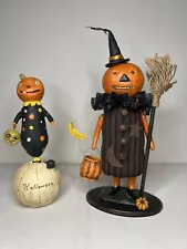 Artisan Pumpkin Halloween Folk Art 2 Figurines Signed By Different Artists 2007