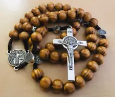 Saint St Benedict Wooden Rosary for Men Women Wood Prayer Beads Crucifix Cross