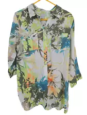 Chicos Size 2 Womens Top 100% Linen Button Up Artsy Tropical Blouse NWT $99