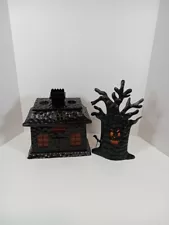 Spooky Black Metal Haunted House Luminary Candle Orange Windows & Spooky Tree