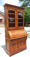 Victorian Walnut Cylinder Roll Secretary Desk Bookcase Top