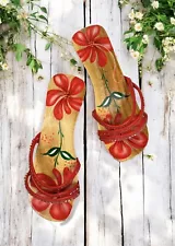 Wooden Flower Clog Sandals Beaded Y2K Boho Hippie Fairy Coconut Girl Beach US 10