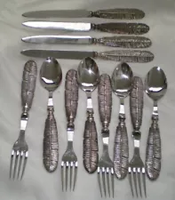 RARE Set 12 Mariposa France 18/10 Stainless Knife Fork Spoon For 4 Feather Leaf