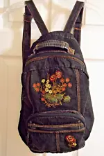 BLACK DENIM EMBROIDERED FLORAL BACKPACK LARGE