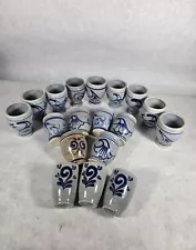 Lot 18 Salt Glazed Art Pottery Mini Cup Vase Handpainted Dark Blue Graphic