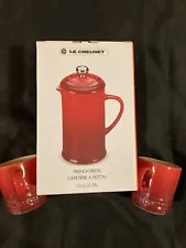 Le Creuset Cerise Red French Press Coffee Pot Stoneware 12 Oz , With 2 Cups