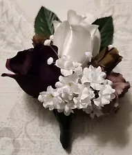 Corsage Burgundy White Silk Roses Flowers Beaded Sprays Wedding Boutineer 6"