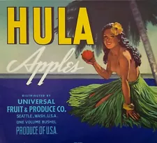 Hula Apples Fruit Crate Label, Topless Hawaiian Girl, Grass Skirt, Palm Tree