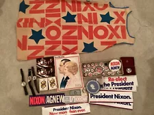 VINTAGE LOT OF NIXON POLITICAL MEMORABILIA-BUTTONS, STICKERS, PAPER DRESS & MORE