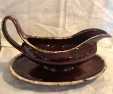 HULL VINTAGE Brown Drip Pottery Gravy Boat with Matching Underplate