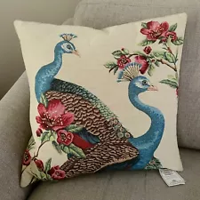 Peacock & Flowers Tapestry Cushion with Feather Filler Made in England NEW Hines