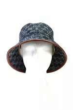 Gucci Womens Denim Leather Trim Monogram Bucket Hat Blue Size S