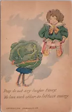 Comic PC * Fantasy Lettuce-Head Girl Talking to Young Boy "Lettuce Marry" 1909