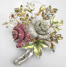 BEAUTIFUL EARLY DUJAY ENAMEL & RHINESTONE FLOWER BOUQUET BROOCH PIN - AS IS