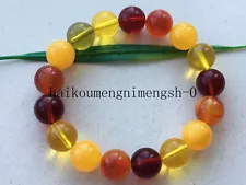 Certified 12mm Natural Multicolor Beeswax Amber Round Bead Stretch Bracelet 7.5"