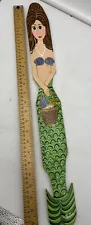 Vintage 24'' Long Carved Wood Mermaid w/ Basket Painted Folk Art Signed BILLIE