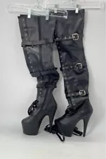 Pleaser Adore Black Vinyl Thigh High 7" Platform Boots - Size 9