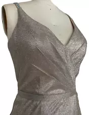 Champagne Prom Dress Size 6 Beaded Glitter Gown Silver Dress Front Slit Sz 6