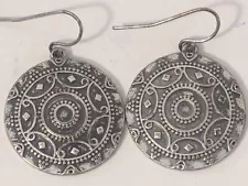 1" Antique Unique Detailed Silver Round Shields Hanging Earrings