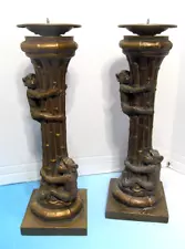 TWO Vintage Mantle Patio Pillar Candle Holders / Monkeys Climbing Bamboo