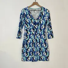 Boden Blue White Feather Printed Long Sleeve Ruched Waist Dress Women's Size 6