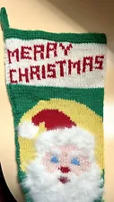 Vintage Fuzzy Beard SANTA Claus Merry Christmas Stocking w Jingle Bells MCM