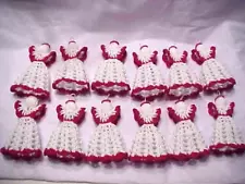 LOT OF 12 handmade Crochet Angels White & Red w/halos Tree Ornaments 4" tall