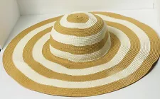 Women Beach Hat Striped Floppy White Beige Wide Brim