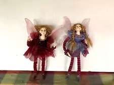 Two FAIRY GIRLS with Wings Ornamental 11” Wire Poseable Dolls