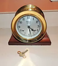 Vintage Chelsea Brass Ships Strike Chiming Clock & Wood Base Working with Key