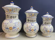 ANTIQUE Porcelain Kitchen Canisters Trio for Sugar, Flower, & Coffee, 41/10