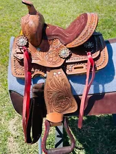 8" Leather Kids Western Horse Floral Tooled Saddle With Red laces