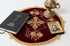 Altar Christian Cloth Embroidered with Flowers and Cross In ecclesiastical Red