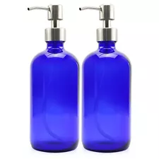 16oz Cobalt Blue Glass Bottles w/ Stainless Steel Pumps 2pk, Soap Dispensers