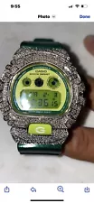 Men Casio G Shock 4 Little Diamonds Acid Green Face Watch / Alarm Silver Case