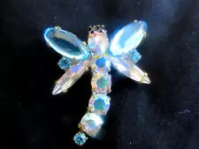 Magnificent Czech Vintage Glass Rhinestone Button Dragon Fly Turquoise & Aurora